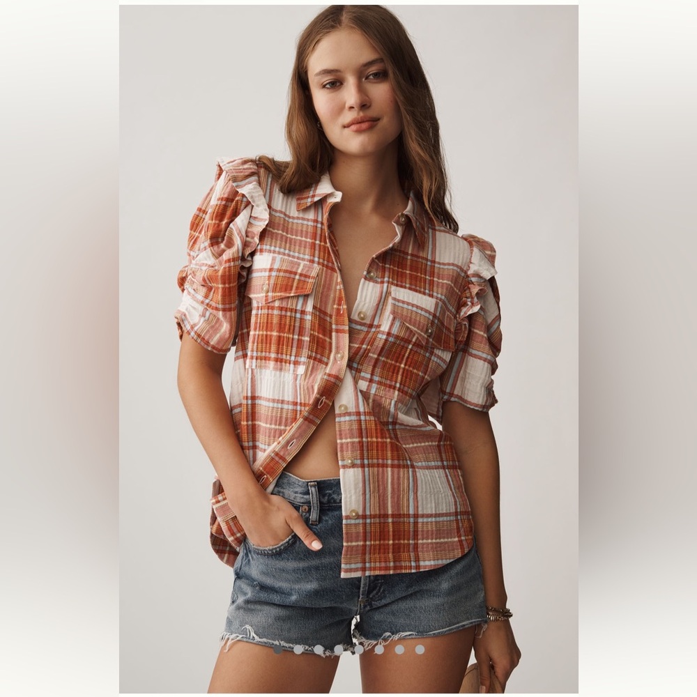 Anthropologie Ozzi Plaid Ruffle Sleeve Buttondown Shirt by Pilcro- Size L - BNWT